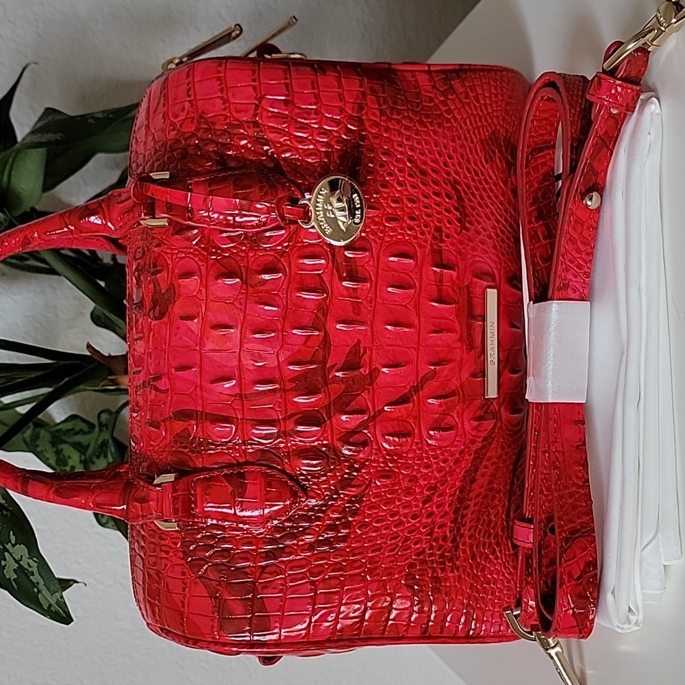 NWT Brahmin Melbourne Stacy Red Flare Croc Embossed Leather Satchel